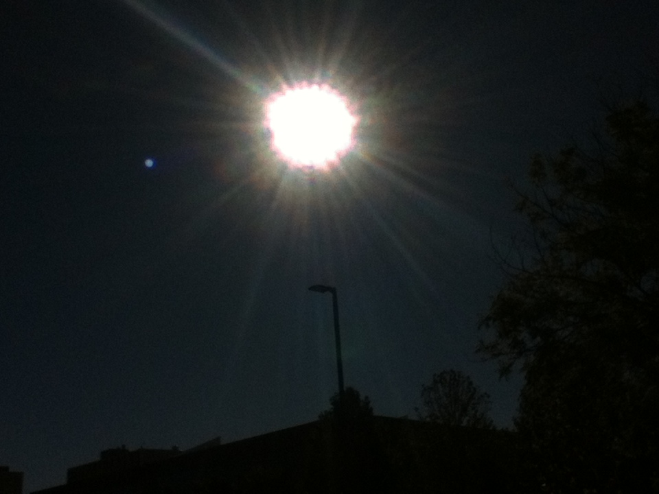The sun as a starburst in a near‐black sky above a streetlight and silhouetted trees and rooftops